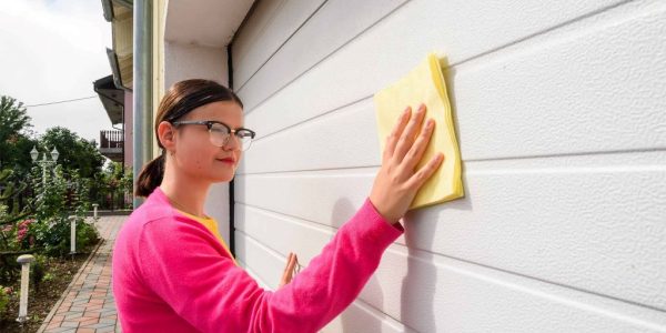 Homeowner cleaning garage door panels with soap and soft brush during regular maintenance routine