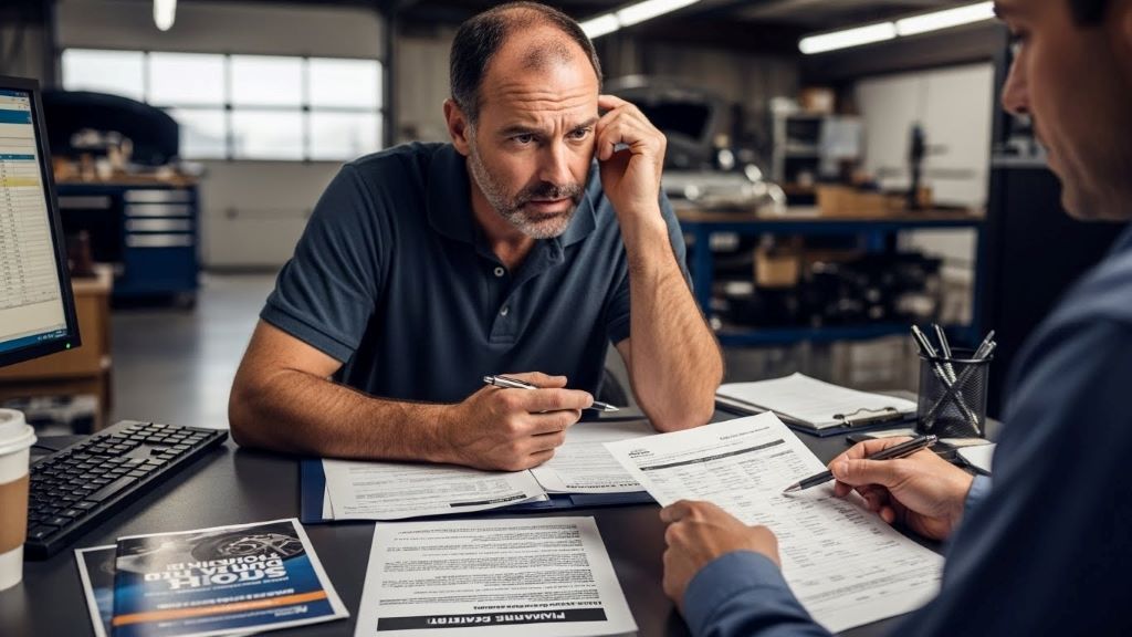 Car owner reviewing financing paperwork for automotive repair services