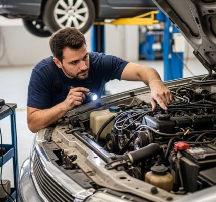 Mechanic examining engine of high mileage vehicle during repair inspection