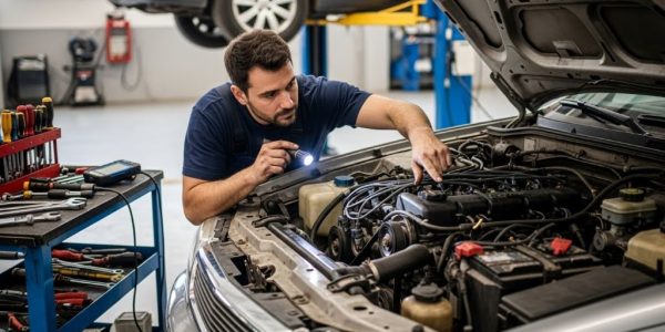 Mechanic examining engine of high mileage vehicle during repair inspection