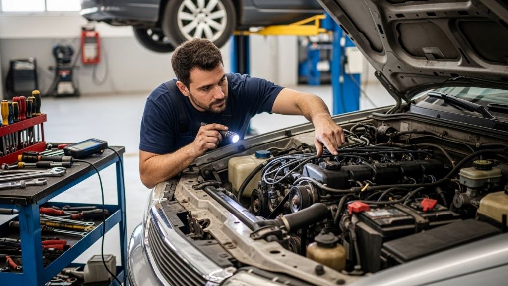 Mechanic examining engine of high mileage vehicle during repair inspection