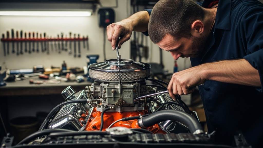 Mechanic tuning carburetor on classic 60s V8 engine.