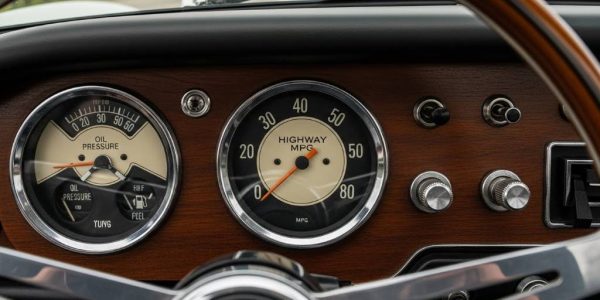 Vintage 1960s sports car dashboard gauge showing highway MPG.