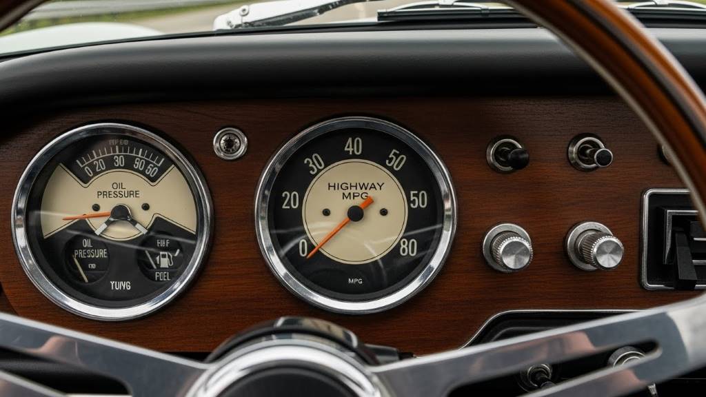 Vintage 1960s sports car dashboard gauge showing highway MPG.