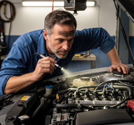 Mechanic inspecting car engine bay for fuel system problems causing gasoline odor