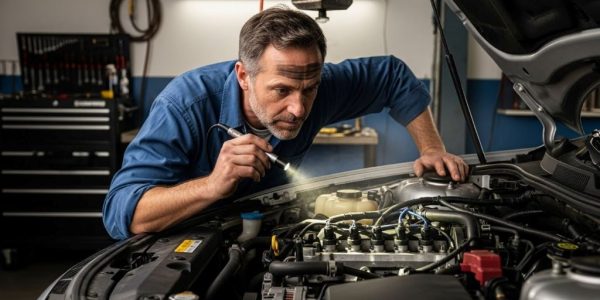 Mechanic inspecting car engine bay for fuel system problems causing gasoline odor