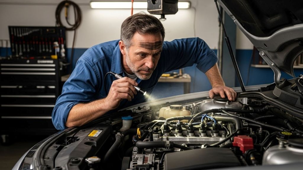 Mechanic inspecting car engine bay for fuel system problems causing gasoline odor