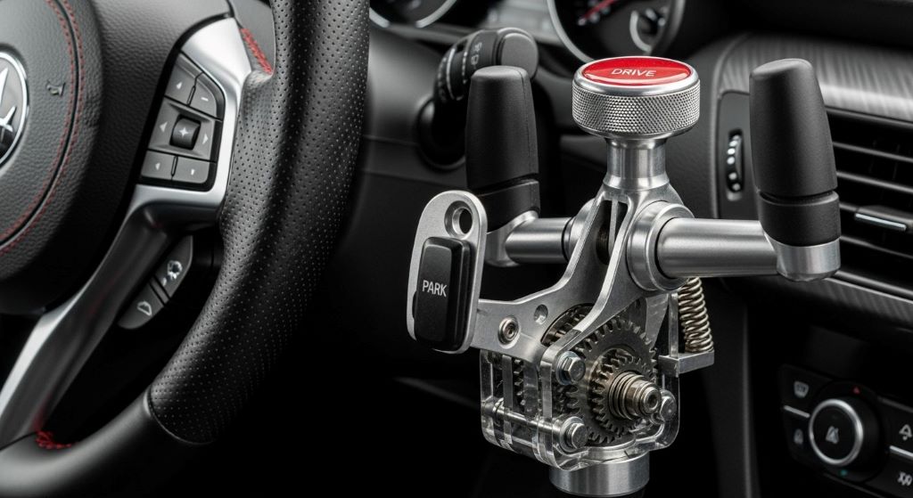 Close-up view of mechanical hand control lever mounted near steering wheel showing push-pull operation mechanism