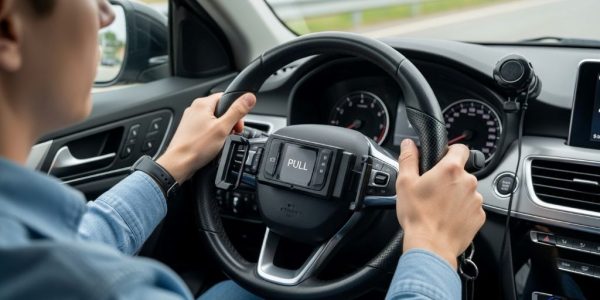 Driver using push-pull hand controls attached to steering column to operate vehicle brake and accelerator