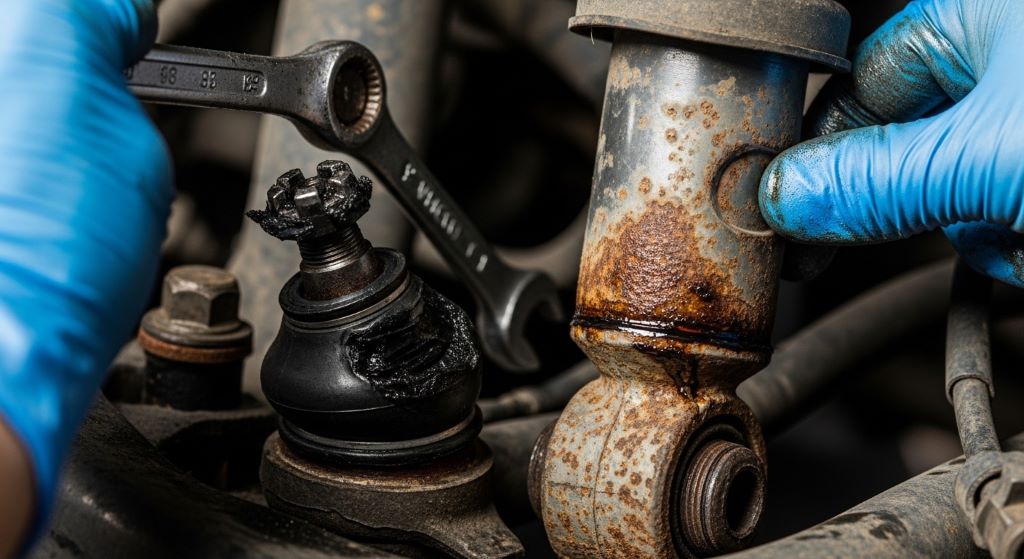 Close-up of worn shock absorber and ball joint components during suspension and steering repair