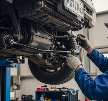 Mechanic inspecting front suspension and tie rods on a lifted vehicle for steering overcorrection diagnosis