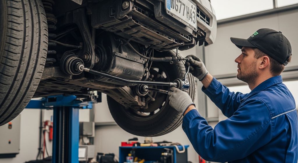 Mechanic inspecting front suspension and tie rods on a lifted vehicle for steering overcorrection diagnosis