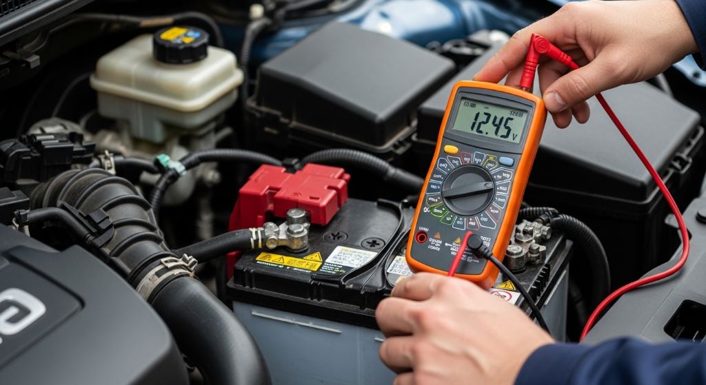 Checking car battery voltage with a multimeter