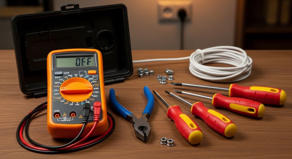 A beginner electrician kit opened on a table showing a multimeter, pliers, and insulated screwdrivers ready for a home wiring project