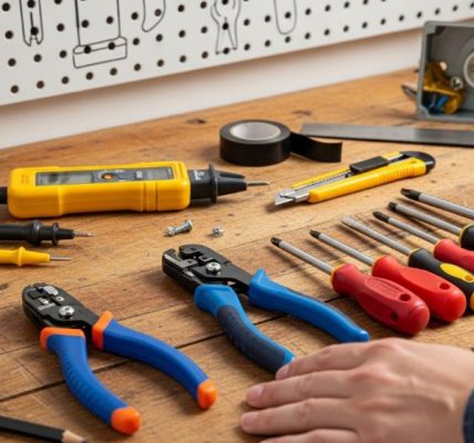 A beginner laying out home DIY electrical tools on a workbench, including a voltage tester, wire strippers, and insulated screwdrivers