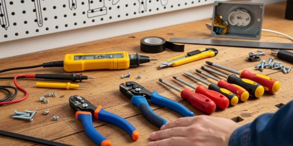 A beginner laying out home DIY electrical tools on a workbench, including a voltage tester, wire strippers, and insulated screwdrivers