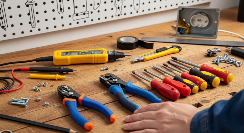 A beginner laying out home DIY electrical tools on a workbench, including a voltage tester, wire strippers, and insulated screwdrivers