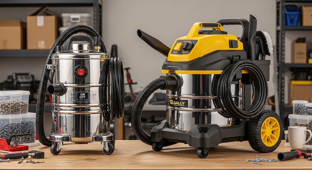 Side-by-side comparison of two garage vacuums showing different tank sizes and vacuum features on a workbench