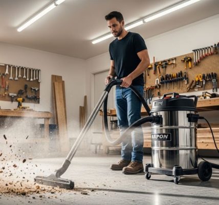 A man using a large garage vacuum to clean sawdust and debris from a workshop floor