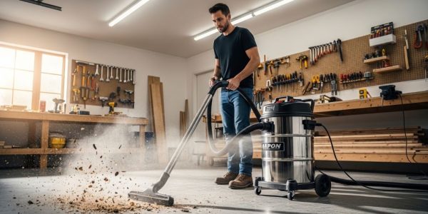 A man using a large garage vacuum to clean sawdust and debris from a workshop floor