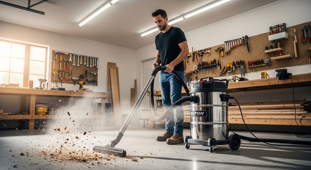 A man using a large garage vacuum to clean sawdust and debris from a workshop floor