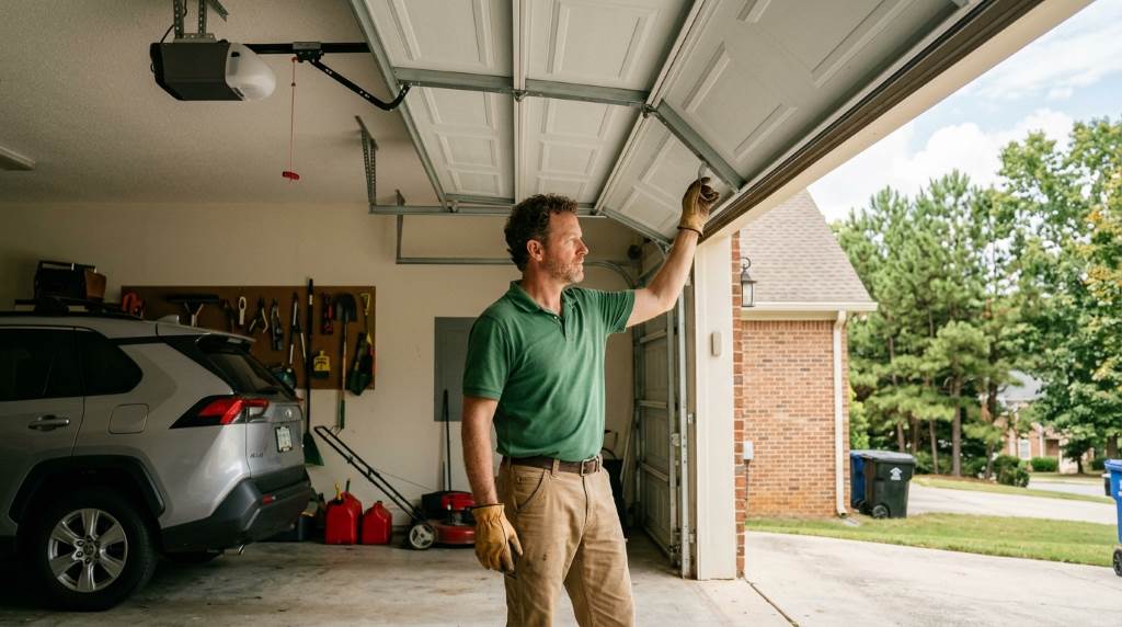 Balanced garage door operating smoothly during humid Atlanta weather conditions