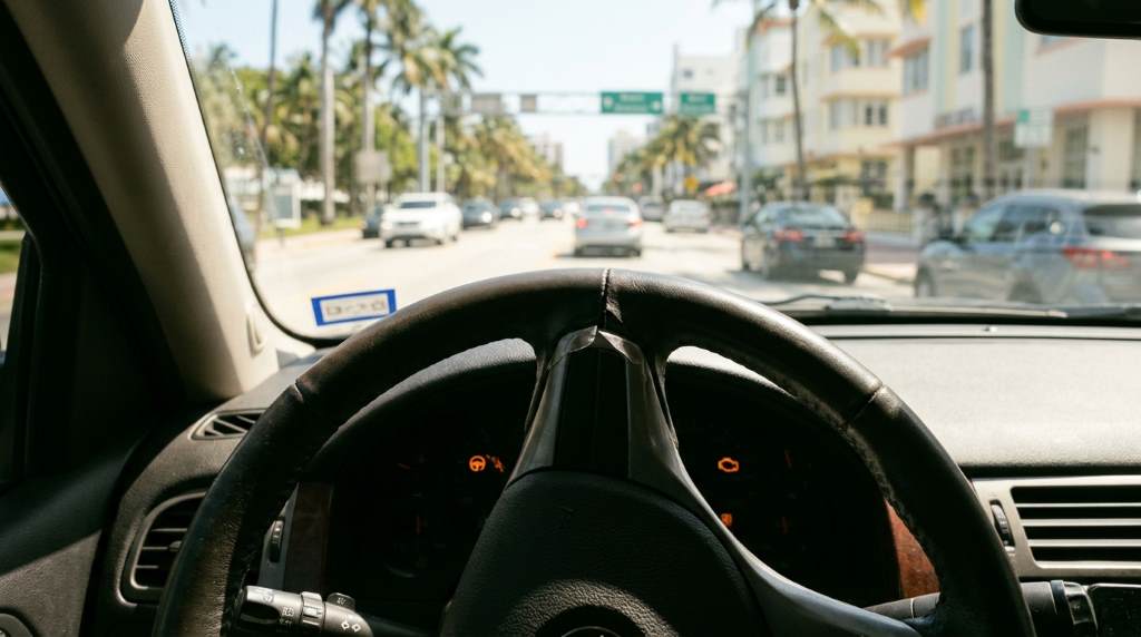 Driver experiencing steering wheel stiffness in a car under Miami heat conditions