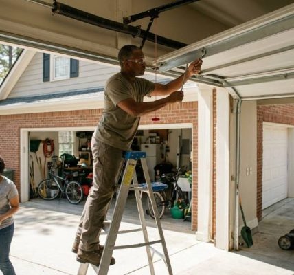 Homeowner in Atlanta testing garage door balance safely inside residential garage