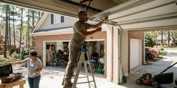 Homeowner in Atlanta testing garage door balance safely inside residential garage