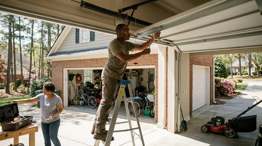 Homeowner in Atlanta testing garage door balance safely inside residential garage