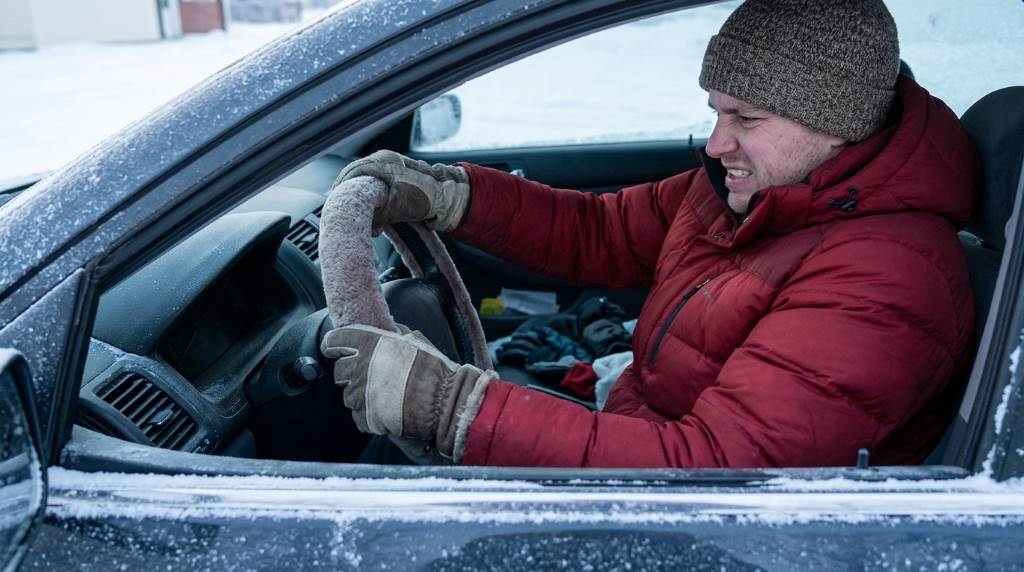 Chicago driver organizing winter emergency gear inside a vehicle trunk