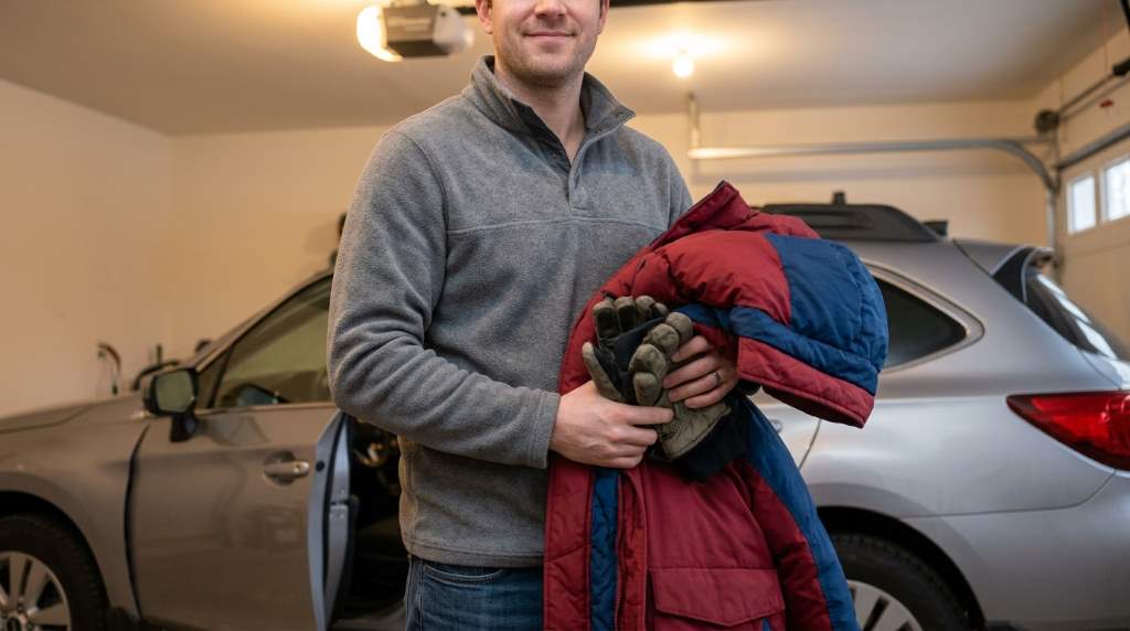 Essential winter driving kit arranged neatly for cold weather travel