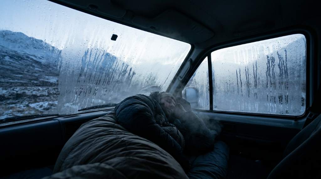 Traveler drying wet rain gear inside a campervan