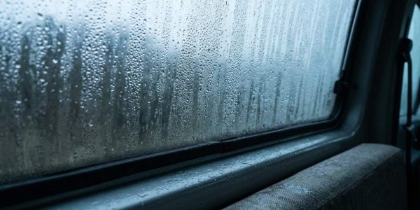 Van window covered with condensation during a rainy Seattle morning
