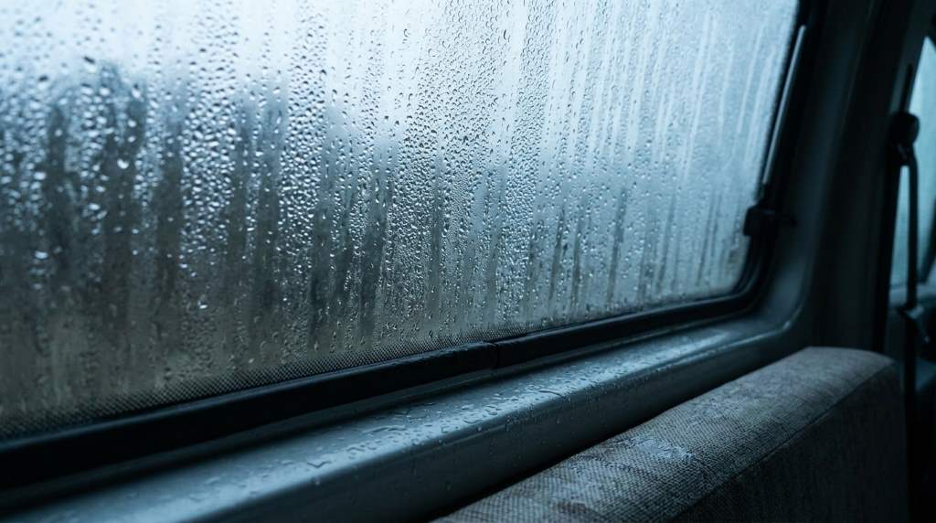 Van window covered with condensation during a rainy Seattle morning